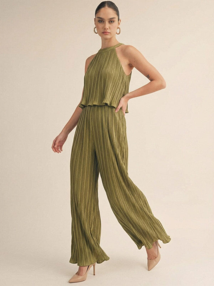 JUST ME WOMEN'S SLEEVELESS HALTER NECK POCKETS ELASTIC WAIST WIDE LEG JUMPSUIT