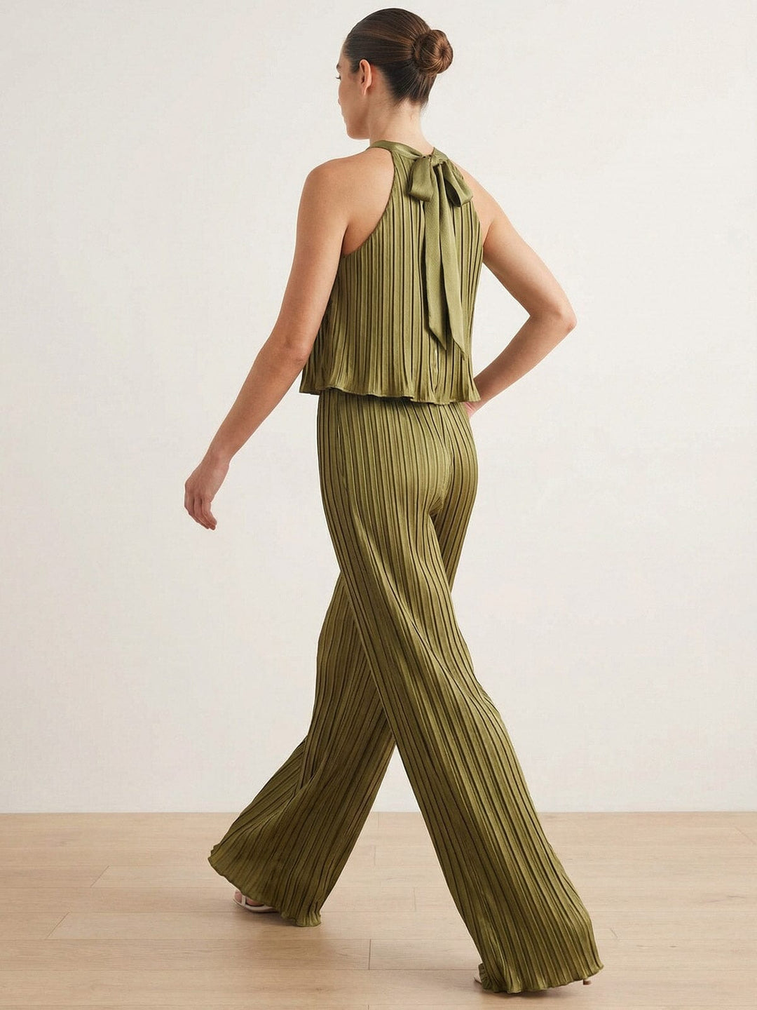 JUST ME WOMEN'S SLEEVELESS HALTER NECK POCKETS ELASTIC WAIST WIDE LEG JUMPSUIT