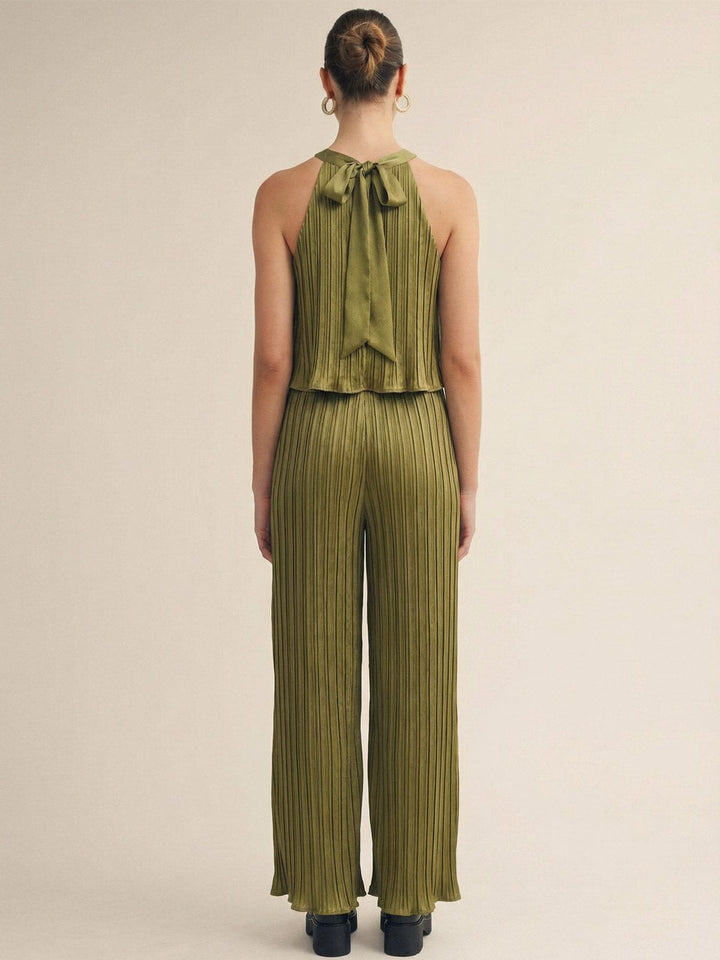 JUST ME WOMEN'S SLEEVELESS HALTER NECK POCKETS ELASTIC WAIST WIDE LEG JUMPSUIT