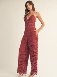 JUST ME WOMEN'S SLEEVELESS V-NECK FRONT POCKETS CROCHET WIDE LEG JUMPSUIT