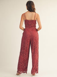 JUST ME WOMEN'S SLEEVELESS V-NECK FRONT POCKETS CROCHET WIDE LEG JUMPSUIT