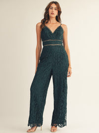 JUST ME WOMEN'S SLEEVELESS V-NECK FRONT POCKETS CROCHET WIDE LEG JUMPSUIT