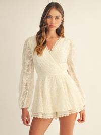 JUST ME WOMEN'S LONG SLEEVE SURPLICE TIERED CROCHET ROMPER