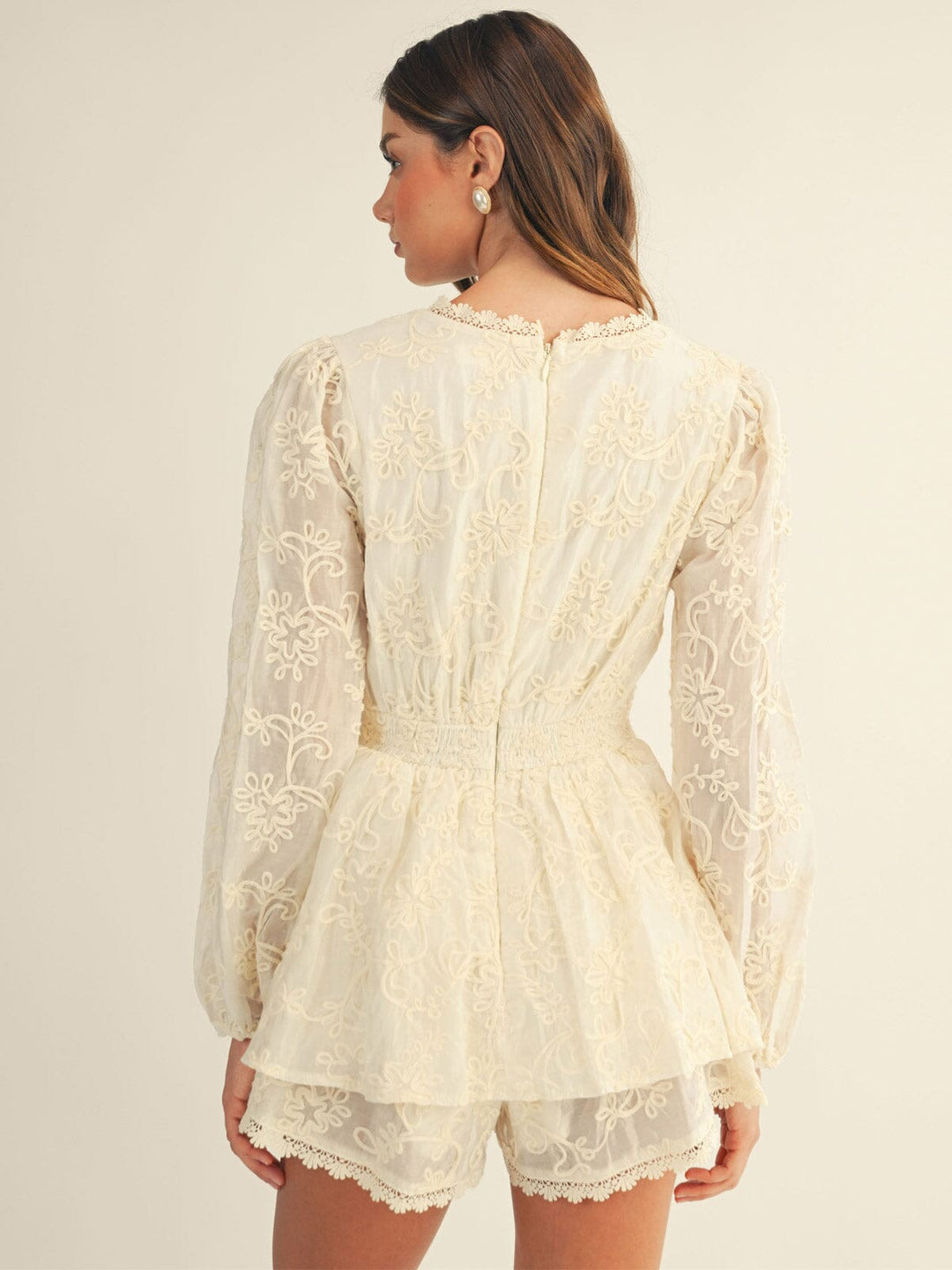 JUST ME WOMEN'S LONG SLEEVE SURPLICE TIERED CROCHET ROMPER