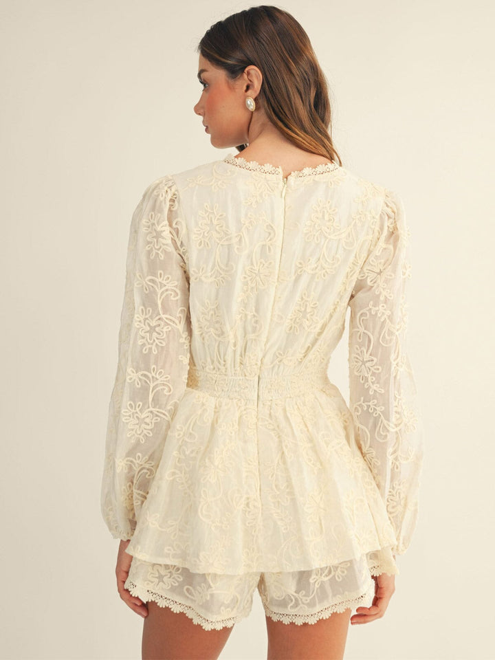 JUST ME WOMEN'S LONG SLEEVE SURPLICE TIERED CROCHET ROMPER