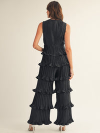 JUST ME WOMEN'S SLEEVELESS V-NECK RUFFLE TIERED WIDE LEG JUMPSUIT
