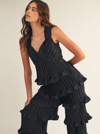 JUST ME WOMEN'S SLEEVELESS V-NECK RUFFLE TIERED WIDE LEG JUMPSUIT