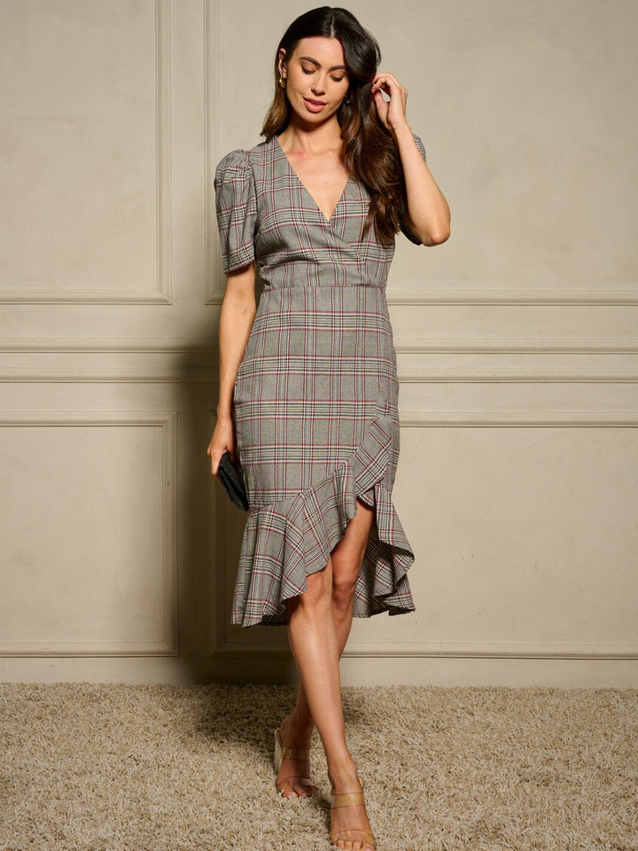 WOMEN'S SHORT SLEEVE SURPLICE RUFFLE BOTTOM HEM PLAID MIDI DRESS