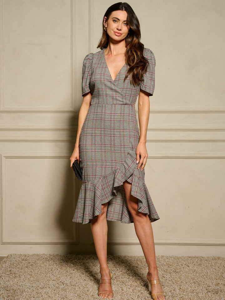 WOMEN'S SHORT SLEEVE SURPLICE RUFFLE BOTTOM HEM PLAID MIDI DRESS