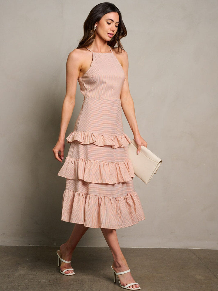 WOMEN'S SLEEVELESS RUFFLE TIERED STRIPES MIDI DRESS