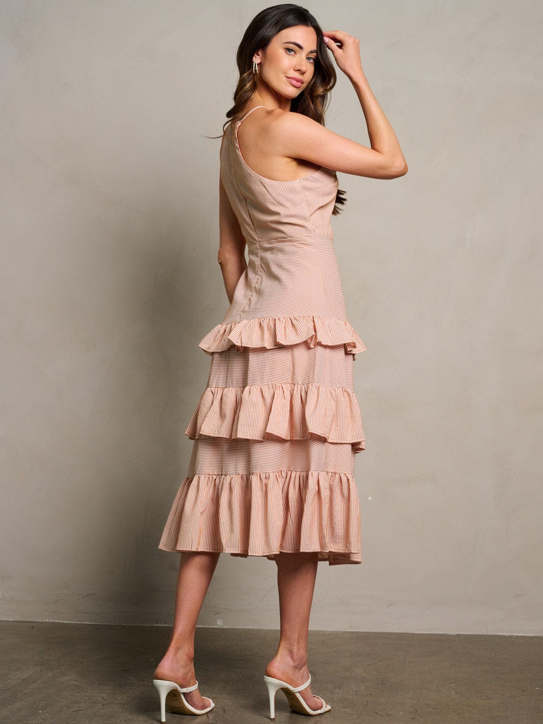 WOMEN'S SLEEVELESS RUFFLE TIERED STRIPES MIDI DRESS