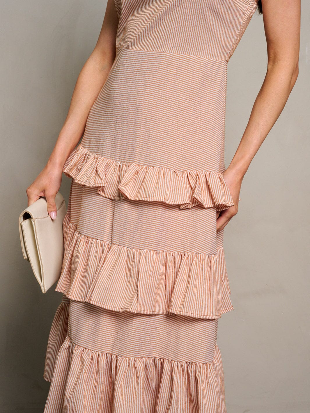 WOMEN'S SLEEVELESS RUFFLE TIERED STRIPES MIDI DRESS