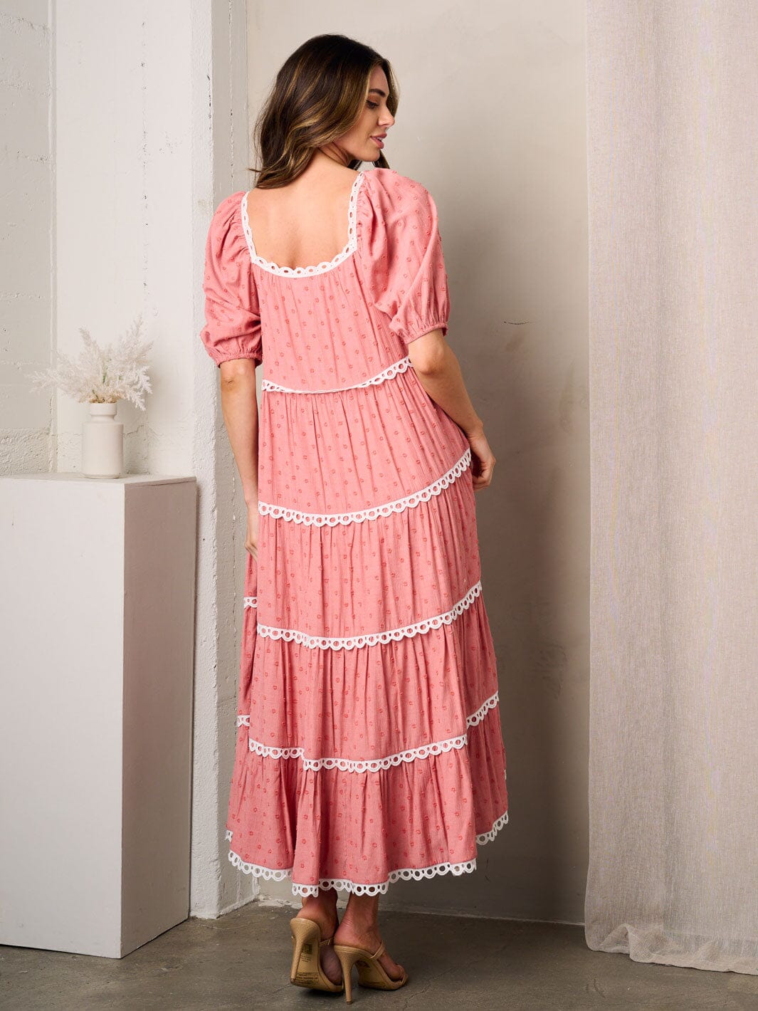 WOMEN S SHORT PUFF SLEEVE SQUARE NECK SWISS DOTS MAXI TIERED DRESS women-s-short-puff-sleeve-square-neck-swiss-dots-maxi-tiered-dress