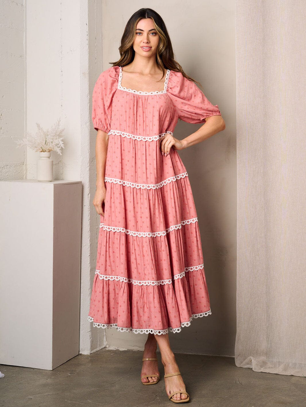 WOMEN'S SHORT PUFF SLEEVE SQUARE NECK SWISS DOTS MAXI TIERED DRESS
