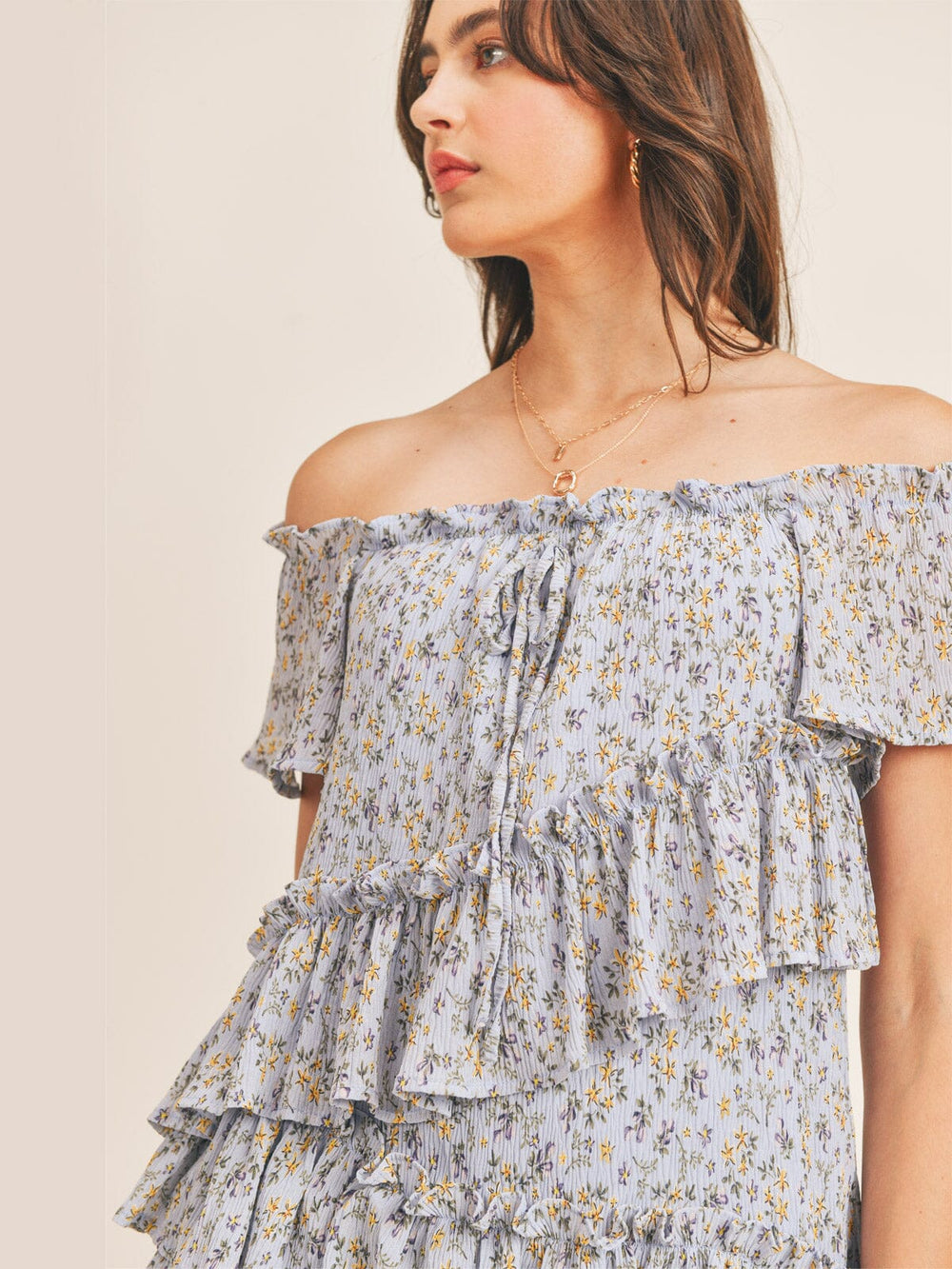 JUST ME WOMEN'S SHORT SLEEVE OFF SHOULDER TIERED RUFFLE FLORAL ROMPER