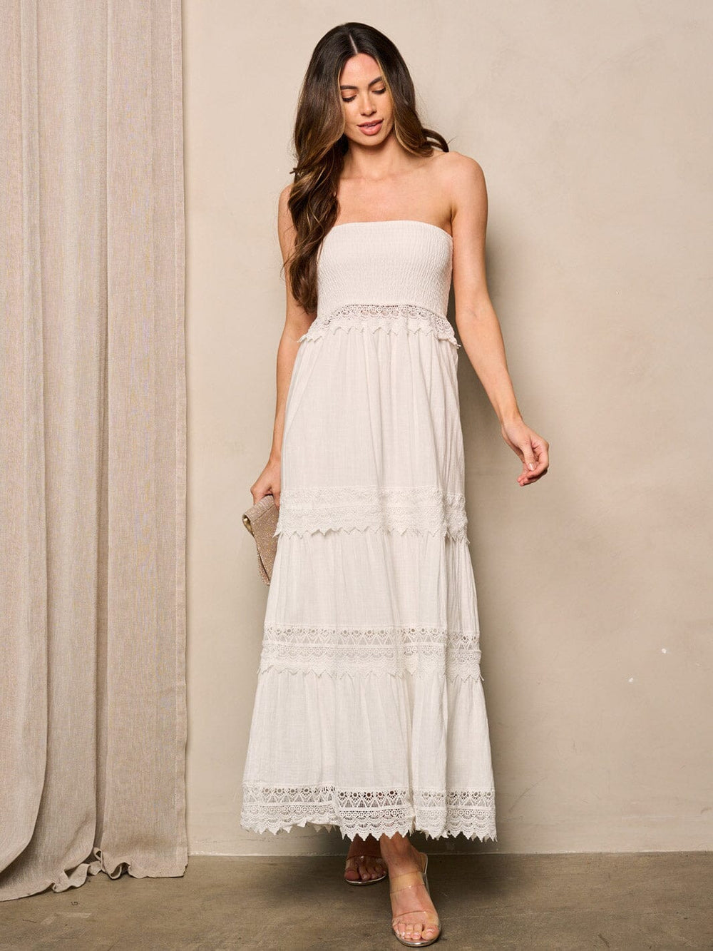 WOMEN'S SLEEVELESS SMOCK TIERED LACE DETAILED MAXI DRESS