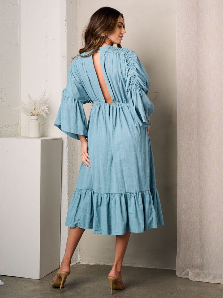 WOMEN'S 3/4 SLEEVES V-NECK WAIST TIE OPEN BACK MIDI DRESS