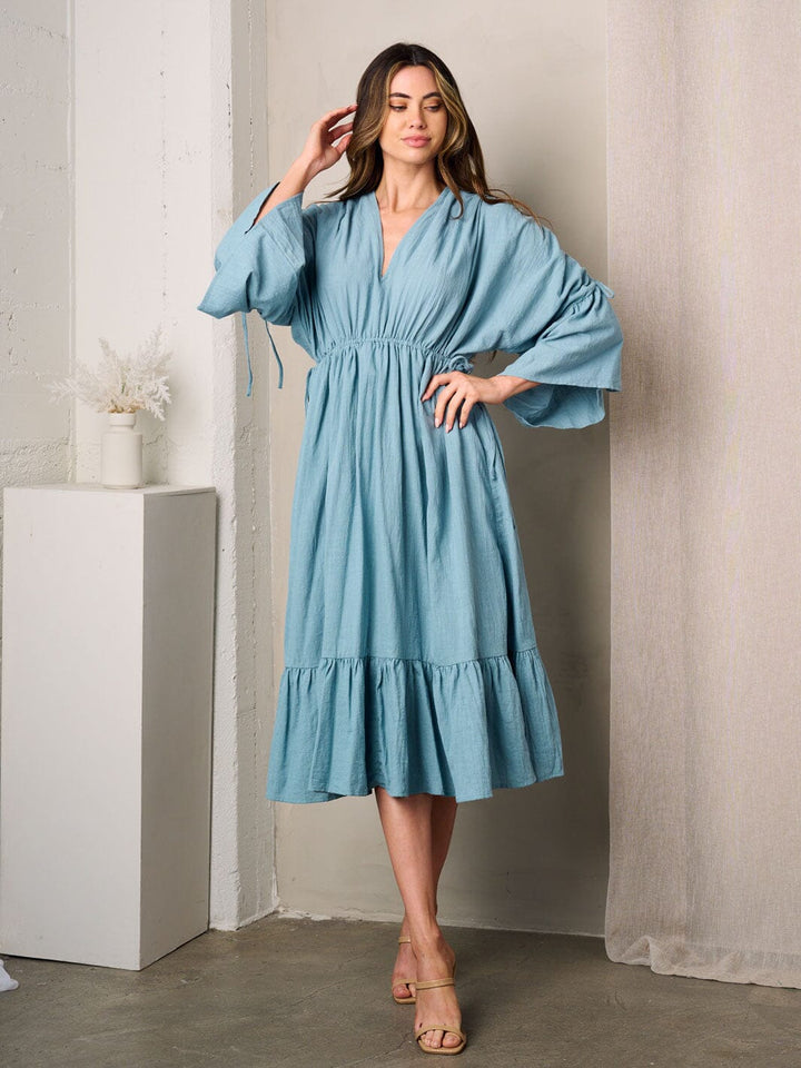 WOMEN'S 3/4 SLEEVES V-NECK WAIST TIE OPEN BACK MIDI DRESS