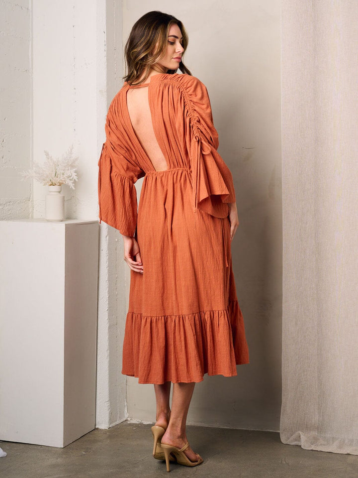 WOMEN'S 3/4 SLEEVES V-NECK WAIST TIE OPEN BACK MIDI DRESS