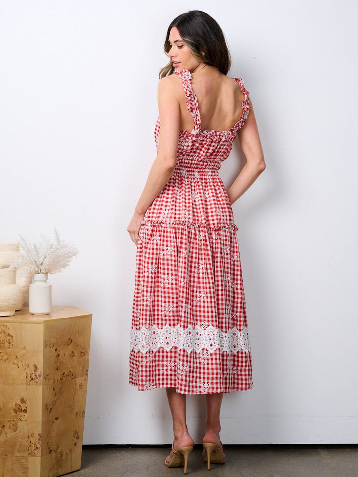WOMEN'S SLEEVELESS RUFFLE EYELET TIERED MAXI DRESS