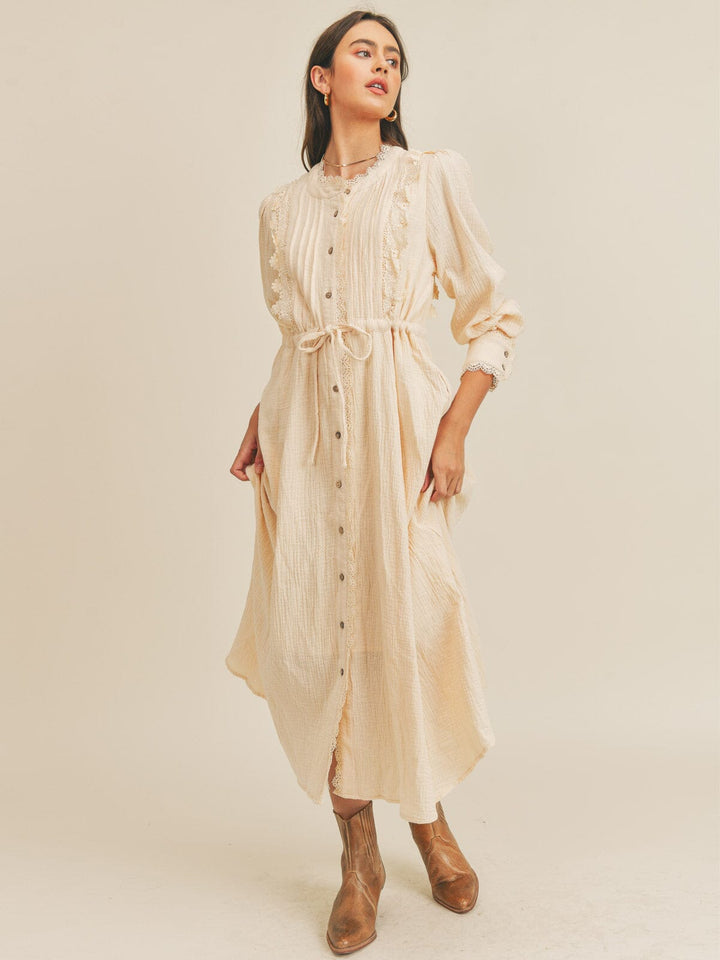 JUST ME WOMEN'S LONG SLEEVE BUTTON UP SELF TIE POCKETS CROCHET TRIM MAXI DRESS
