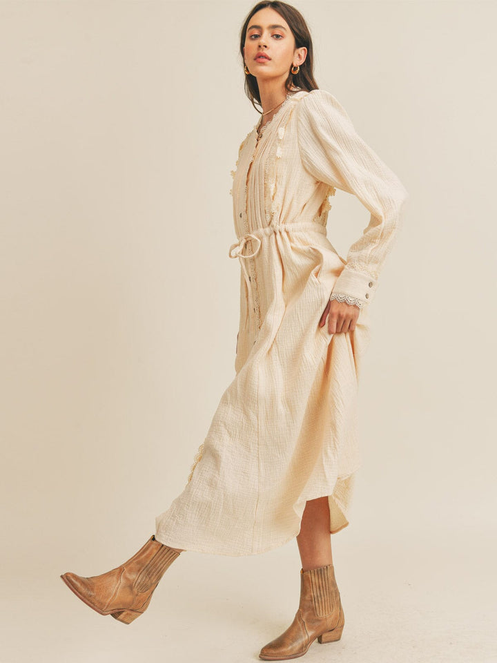 JUST ME WOMEN'S LONG SLEEVE BUTTON UP SELF TIE POCKETS CROCHET TRIM MAXI DRESS