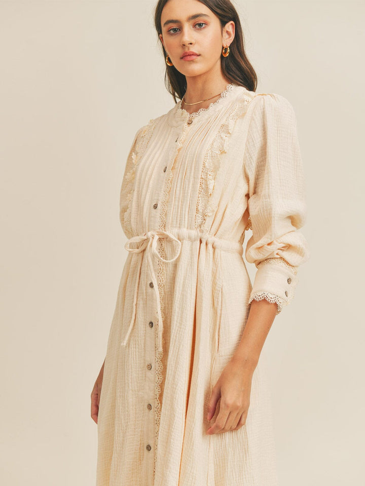 JUST ME WOMEN'S LONG SLEEVE BUTTON UP SELF TIE POCKETS CROCHET TRIM MAXI DRESS