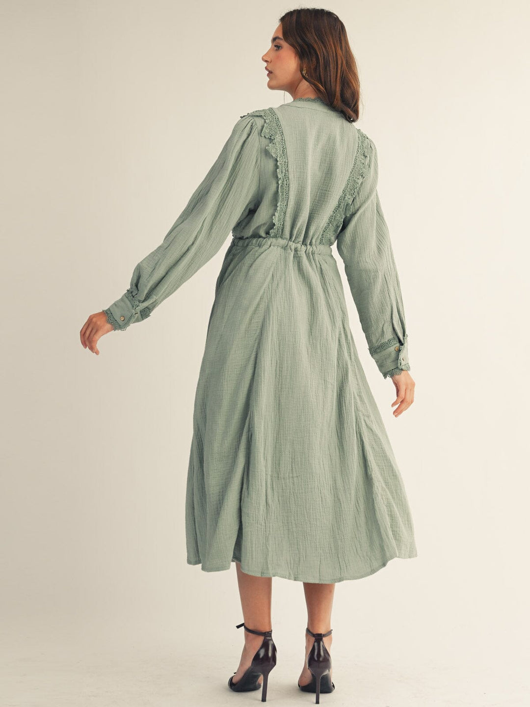 JUST ME WOMEN'S LONG SLEEVE BUTTON UP SELF TIE POCKETS CROCHET TRIM MAXI DRESS