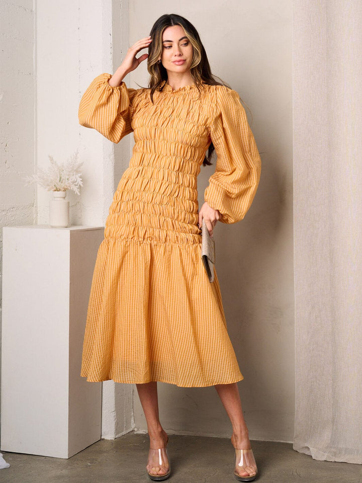 WOMEN'S LONG BALLON SLEEVE SMOCK BODY DETAILED MIDI DRESS