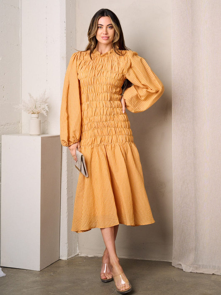 WOMEN'S LONG BALLON SLEEVE SMOCK BODY DETAILED MIDI DRESS