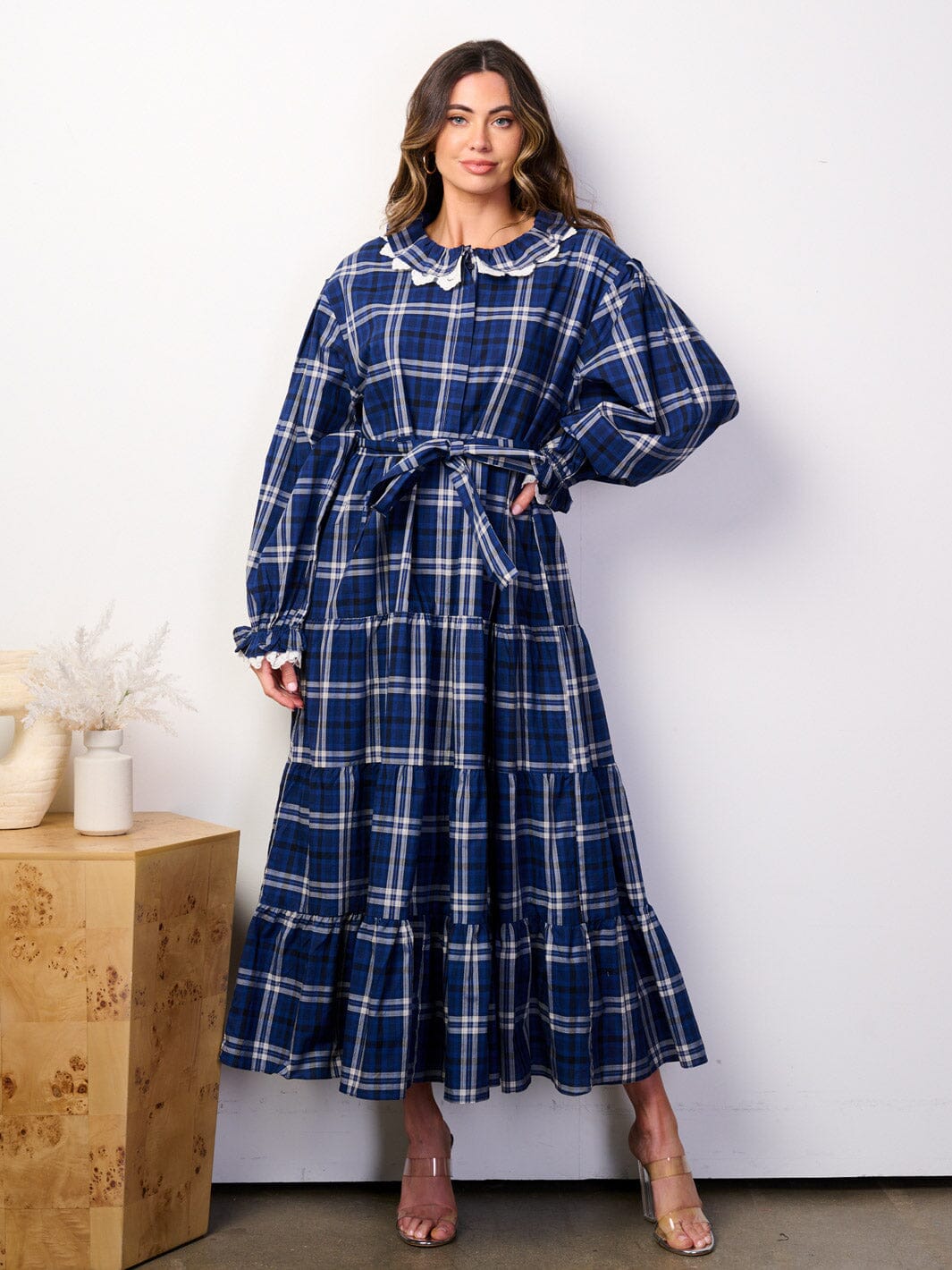 WOMEN'S LONG SLEEVE BUTTON UP POCKETS SELF TIE GINGHAM MAXI DRESS