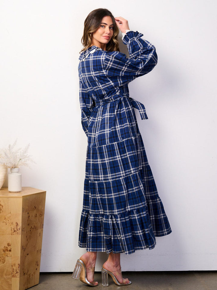 WOMEN'S LONG SLEEVE BUTTOM UP POCKETS SELF TIE GINGHAM MAXI DRESS