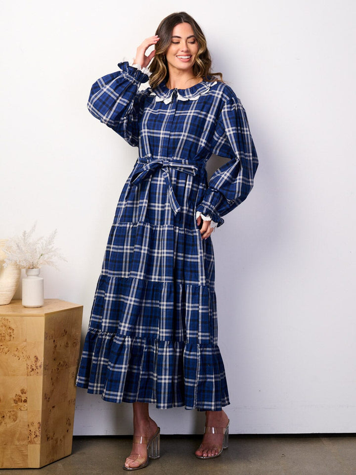 WOMEN'S LONG SLEEVE BUTTOM UP POCKETS SELF TIE GINGHAM MAXI DRESS