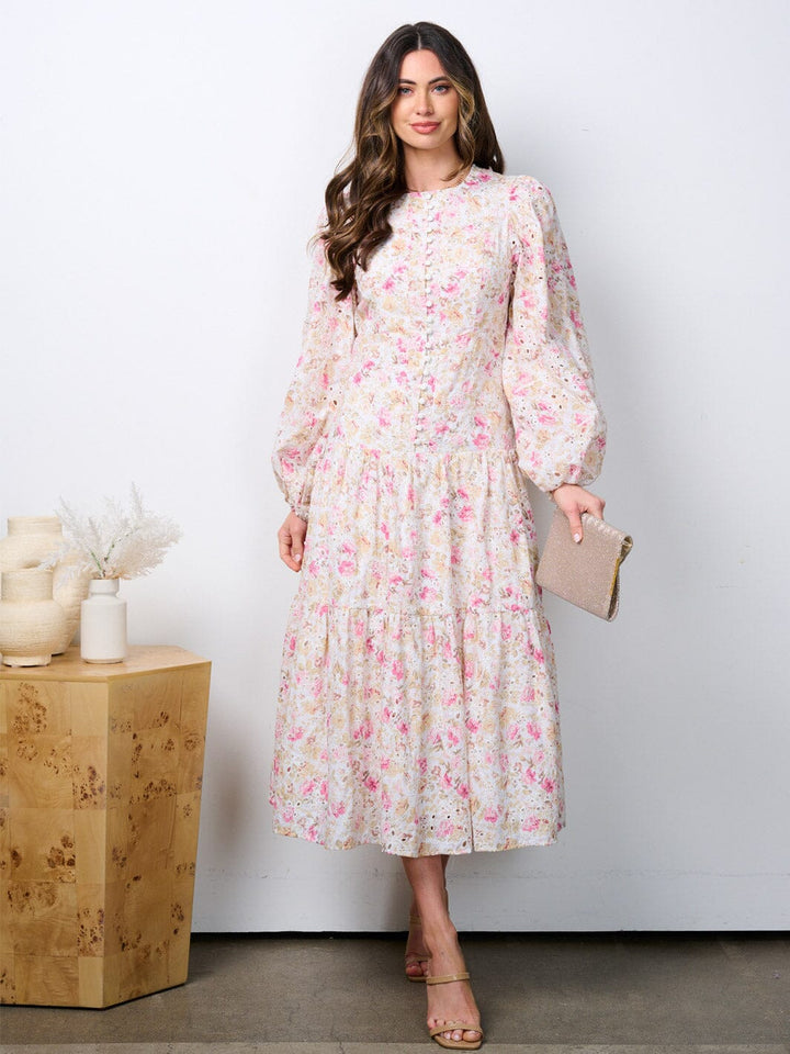 WOMEN'S LONG SLEEVE BUTTON UP TIERED EYELET FLORAL MIDI DRESS