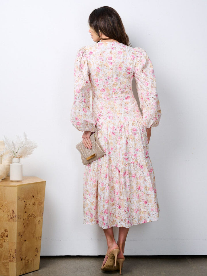 WOMEN'S LONG SLEEVE BUTTON UP TIERED EYELET FLORAL MIDI DRESS
