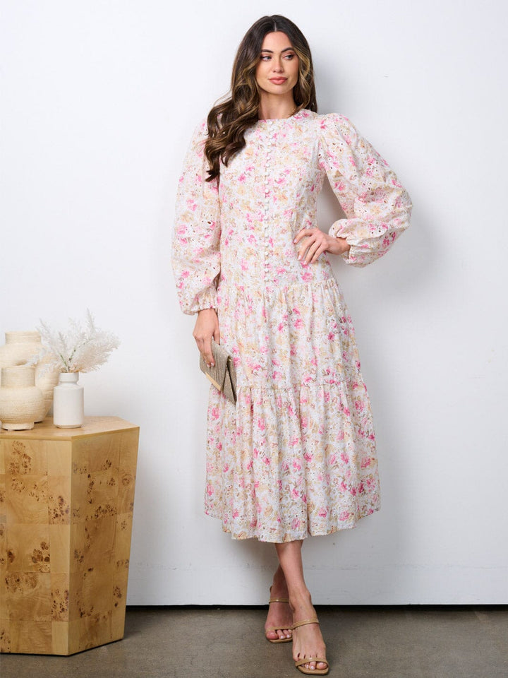 WOMEN'S LONG SLEEVE BUTTON UP TIERED EYELET FLORAL MIDI DRESS