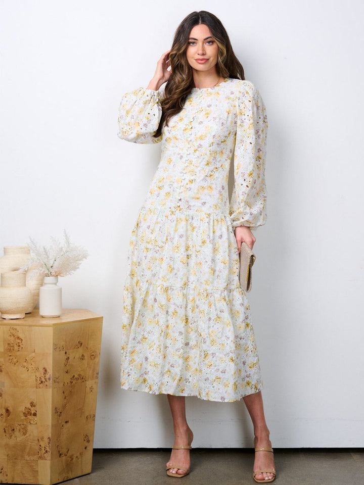 WOMEN'S LONG SLEEVE BUTTON UP TIERED EYELET FLORAL MIDI DRESS