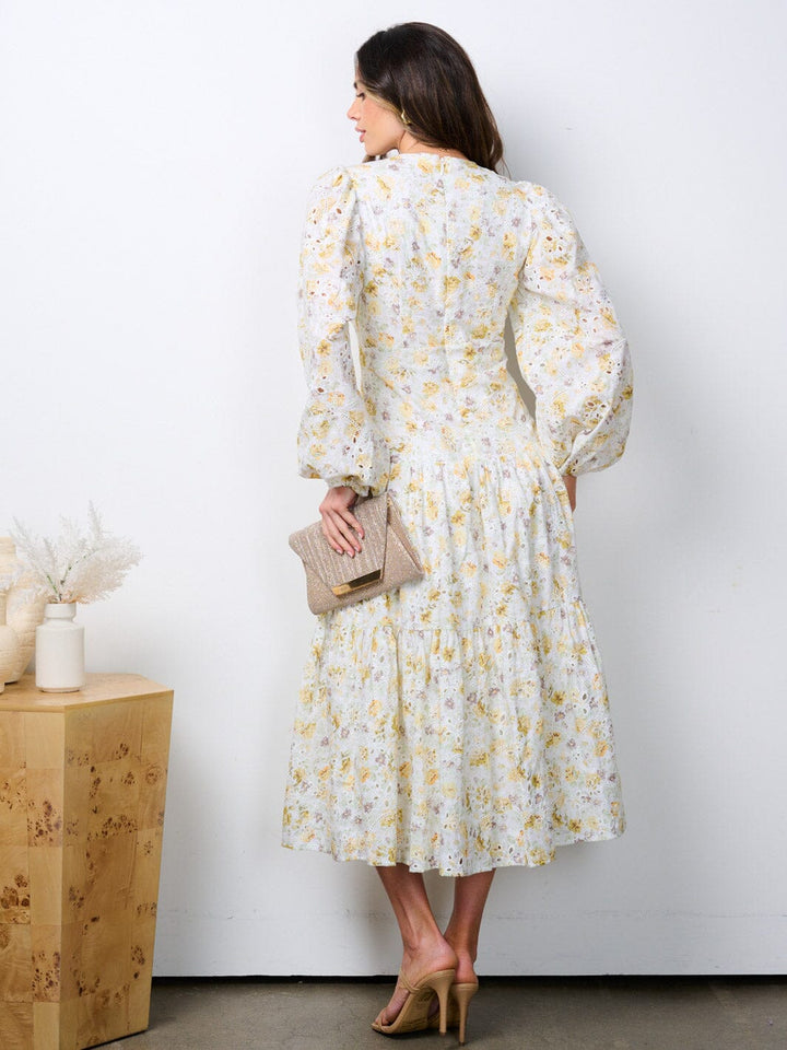 WOMEN'S LONG SLEEVE BUTTON UP TIERED EYELET FLORAL MIDI DRESS