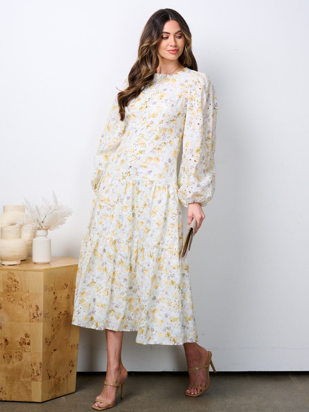 WOMEN'S LONG SLEEVE BUTTON UP TIERED EYELET FLORAL MIDI DRESS