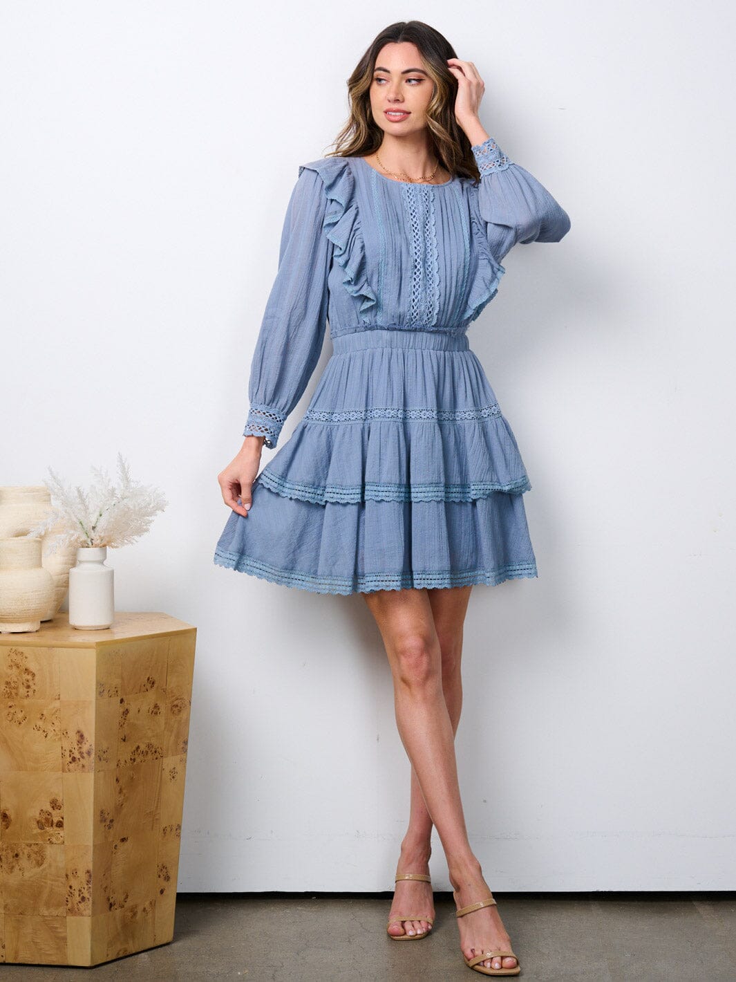 WOMEN'S LONG SLEEVE RUFFLE TIERED MINI DRESS
