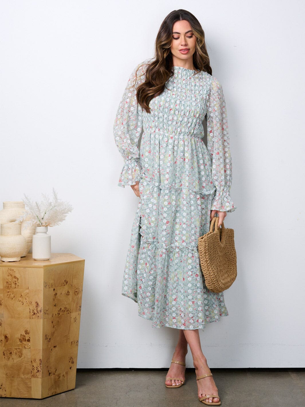 WOMEN'S LONG SLEEVE RUCHED TIERED EMBROIDERY FLORAL MAXI DRESS