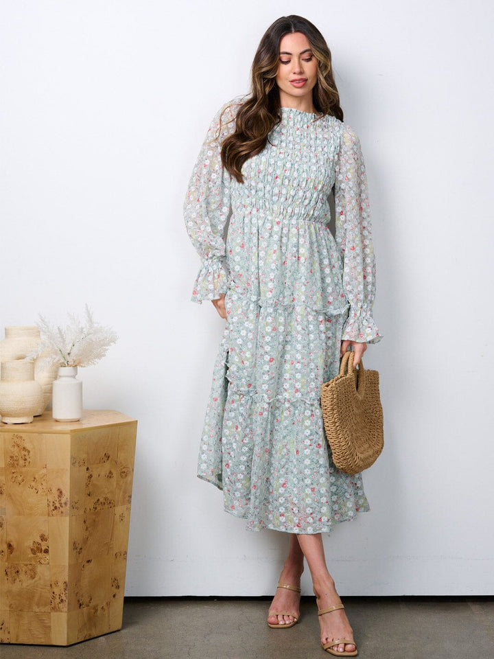 WOMEN'S LONG SLEEVE RUCHED TIERED EMBROIDERY FLORAL MAXI DRESS