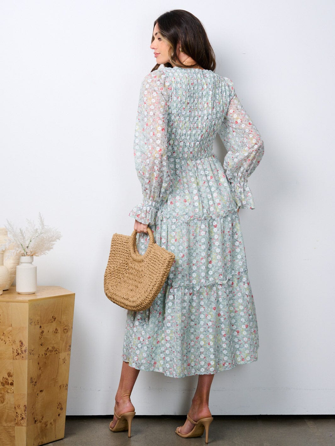 WOMEN'S LONG SLEEVE RUCHED TIERED EMBROIDERY FLORAL MAXI DRESS