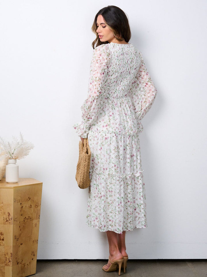 WOMEN'S LONG SLEEVE RUCHED TIERED EMBROIDERY FLORAL MAXI DRESS