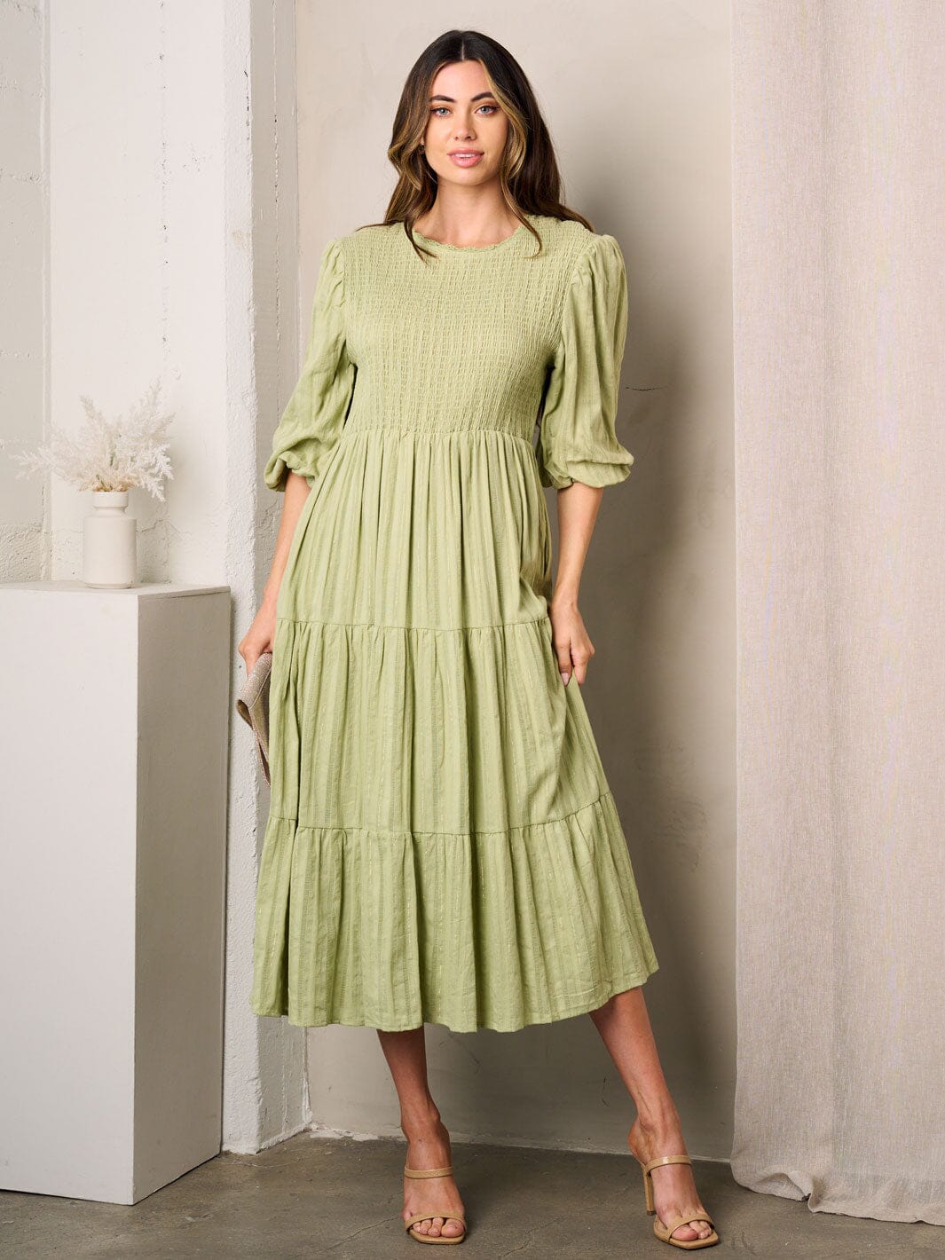 WOMEN'S SHORT SLEEVE SMOCK POCKETS TIERED MIDI DRESS ...
