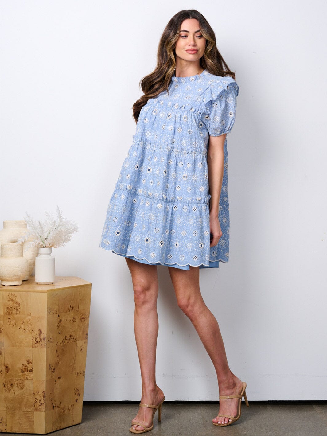 WOMEN'S SHORT PUFF SLEEVE BABYDOLL TIERED MINI DRESS