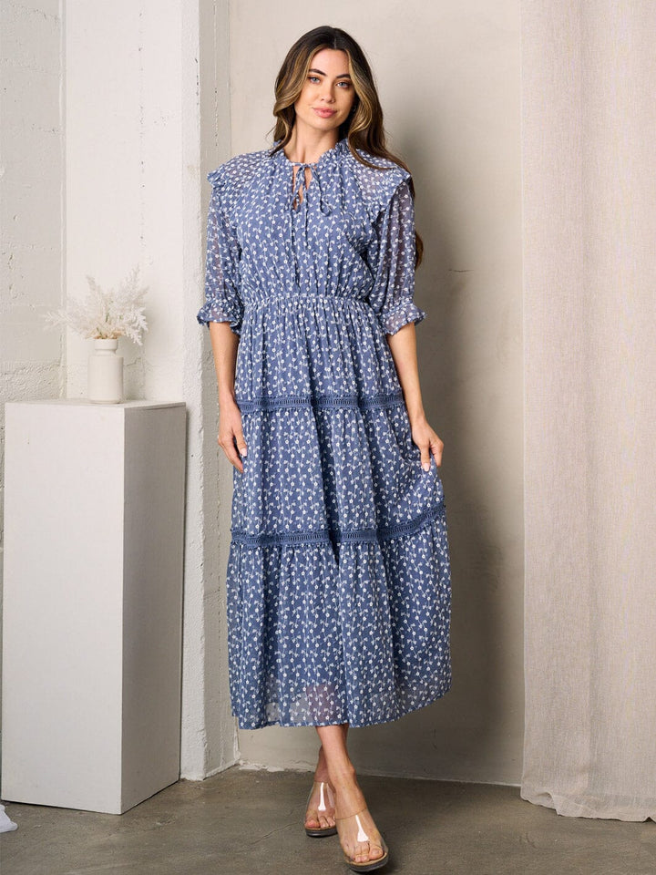 WOMEN'S SHORT SLEEVES TIERED EMBROIDERY FLORAL MAXI DRESS