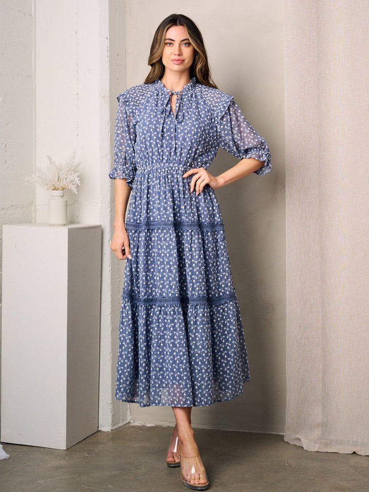 WOMEN'S SHORT SLEEVES TIERED EMBROIDERY FLORAL MAXI DRESS