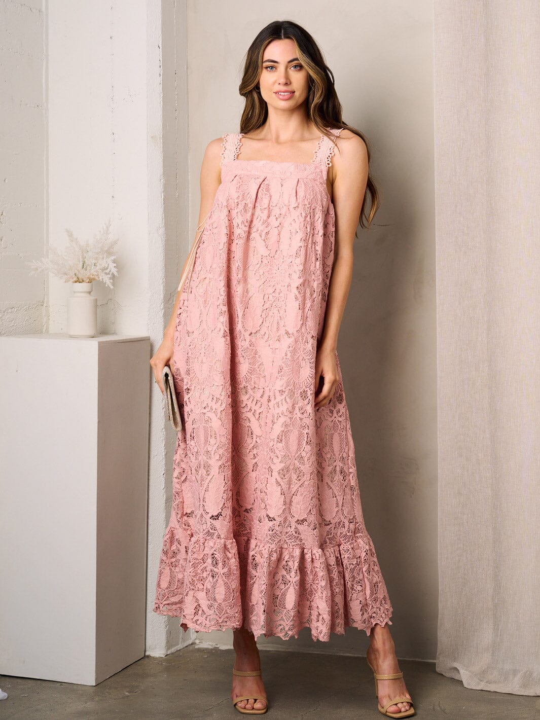 WOMEN'S SLEEVELESS SQUARE NECK TUNIC LACE MAXI DRESS