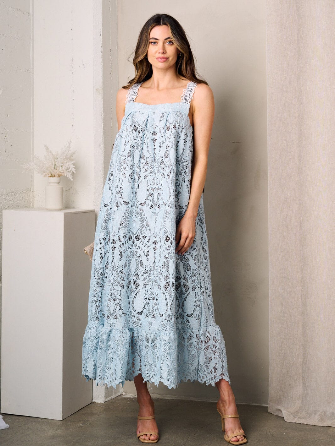 WOMEN'S SLEEVELESS SQUARE NECK TUNIC LACE MAXI DRESS